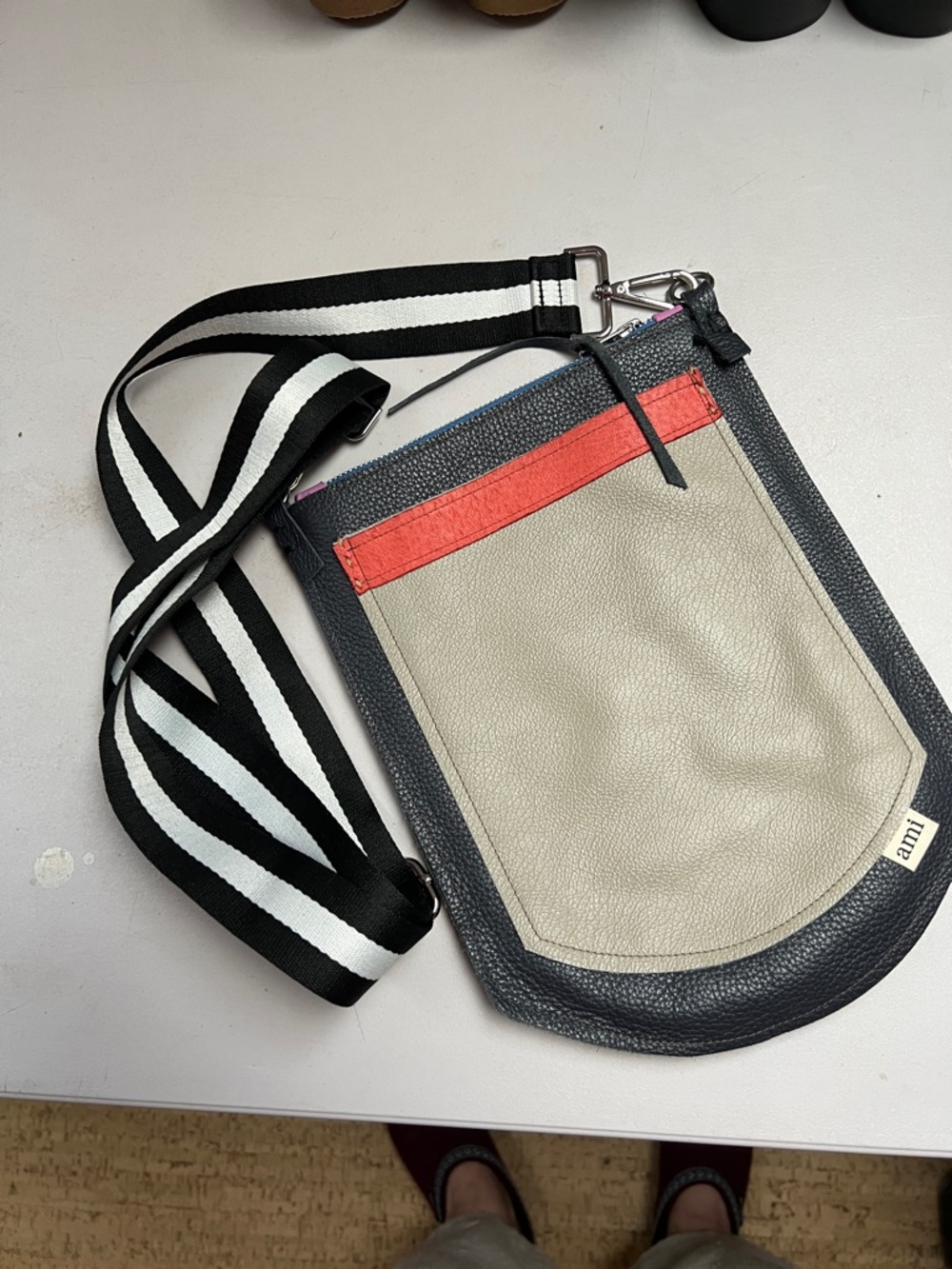 Ami Two-Tone Leather Cross-body Bag in Gray, Cream & Coral with Striped strap